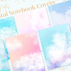 May include: Ten digital notebook covers with watercolor cloud designs in pastel colors. The covers feature shades of blue, pink, purple, and teal, with the text "Good Notes" and "10 Digital Notebook Covers" in gold script.