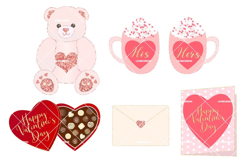 love letter Valentine/'s Day Illustration Clipart heart anniversary Love holiday candy teddy bear romantic cupcake chocolate