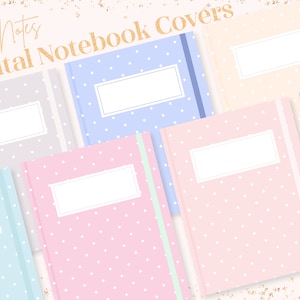 May include: Ten digital notebook covers with a polka dot pattern in pastel colors. Each cover has a white rectangle for a title. The text "Good Notes" and "10 Digital Notebook Covers" is at the top of the image.