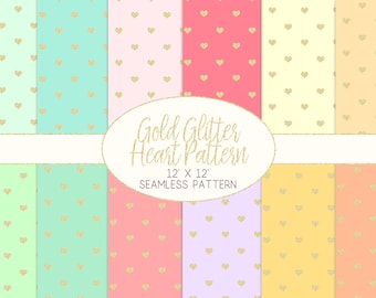Papiers numériques Pastel Heart, Glitter Gold Heart Seamless Pattern, Fond numérique Heart