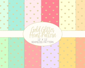 Glitter Gold Heart Seamless Pattern, Pastel Heart Digital Papers