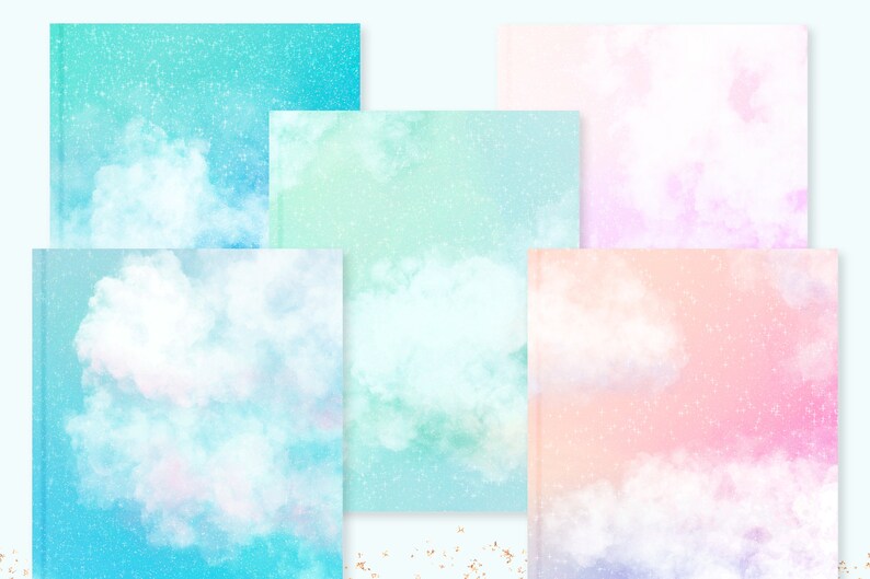 May include: A collection of notebooks with watercolor cloud designs in shades of blue, green, pink, and purple. Each notebook features a different cloud and glitter effect, creating a dreamy and artistic aesthetic. The notebooks are arranged in a visually appealing composition.
