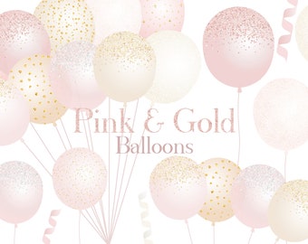 Pink and Gold Balloon Clipart, Balloon PNG, Pink Glitter, Gold Confetti, Party Clipart, Birthday Clipart, Digital Download