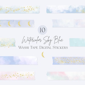 Digital Washi Stickers | Watercolor Dreamy Sky & Moon Washi Clipart PNG |  Astronomy Celestial Planner Washi Tape Stickers