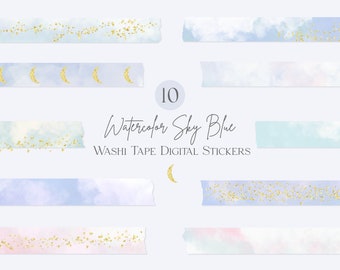 Digital Washi Stickers | Watercolor Dreamy Sky & Moon Washi Clipart PNG |  Astronomy Celestial Planner Washi Tape Stickers
