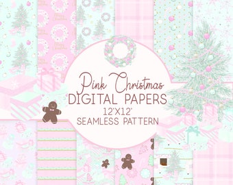 Pink Christmas Digital Papers, Pastel Christmas Seamless Pattern, Winter Digital Papers in Pink