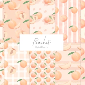 May include: A set of 8 digital papers featuring peach fruit illustrations in various patterns. The patterns include stripes, polka dots, gingham, and solid backgrounds. The papers are perfect for crafting, scrapbooking, and other creative projects.