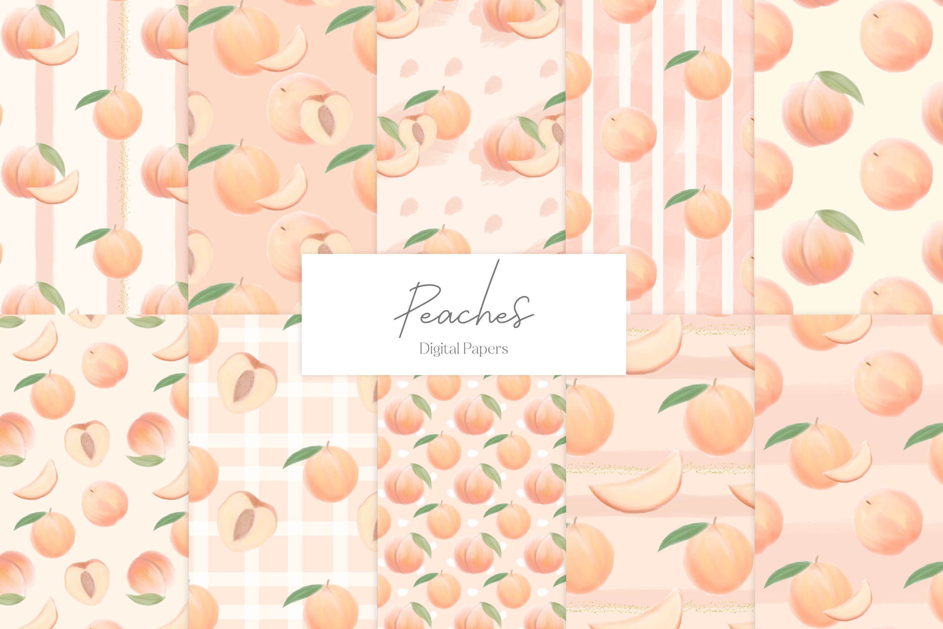 Peach Digital Paper, Summer Peach Clipart Pattern PNG, Watercolor Peach