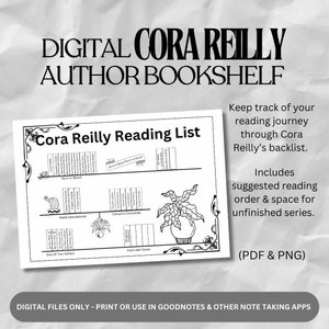 May include: A black and white printable reading list for Cora Reilly books. The list includes the book titles and series names, such as "Born in Blood", "Mafia Istimewa", "Camorra Chronicles", and "Five-Leaf Clover".