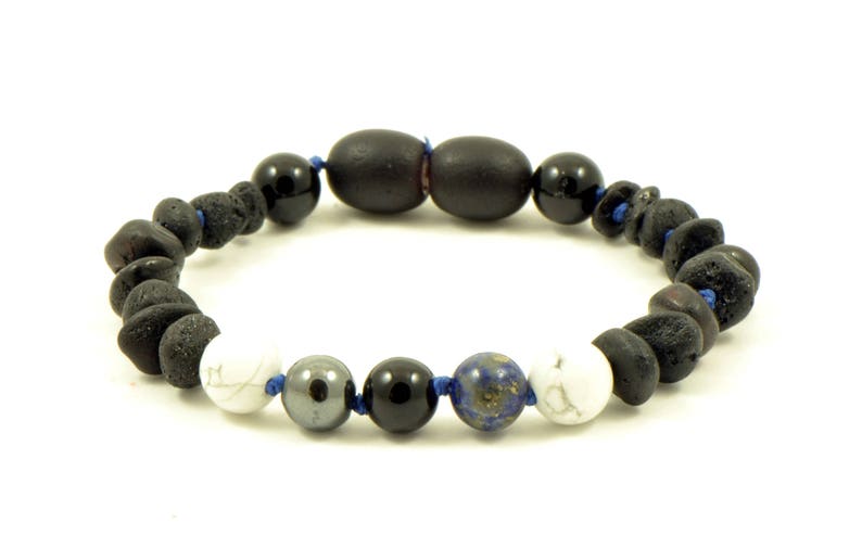 Raw Baltic Amber Knotted Howlite and Obsidian Teething Necklace Teething Relief Anti-Inflamatory Hematite B22L7 Lapis Lazuli