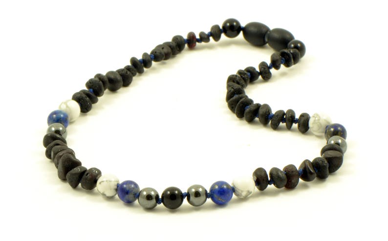 Raw Baltic Amber Knotted Howlite and Obsidian Teething Necklace Teething Relief Anti-Inflamatory Hematite B22L7 Lapis Lazuli
