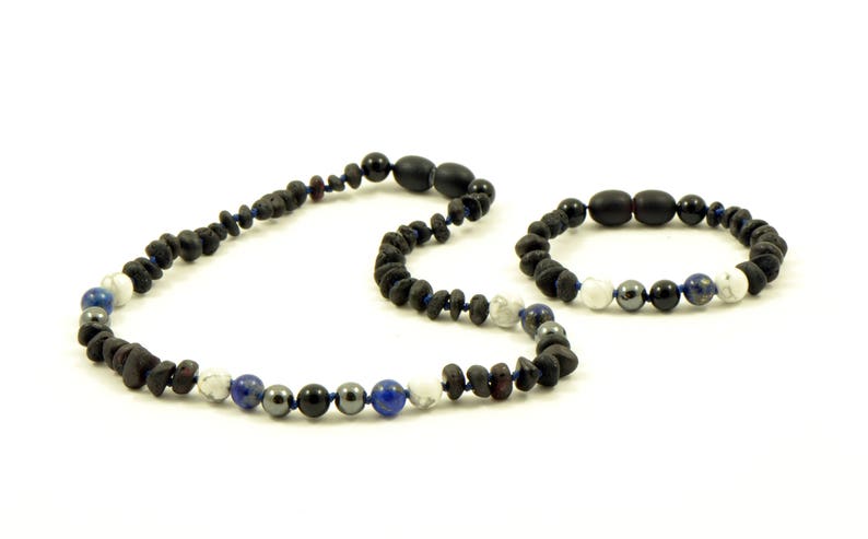 Raw Baltic Amber Knotted Howlite and Obsidian Teething Necklace Teething Relief Anti-Inflamatory Hematite B22L7 Lapis Lazuli
