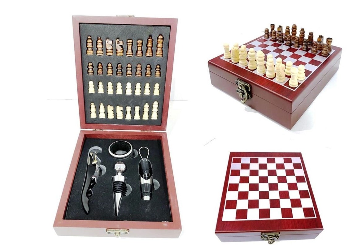4 Piece Wine Opener Set with Chess Set in Wooden Box. Includes Etsy