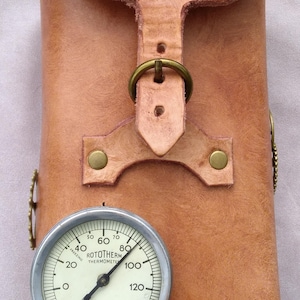 Handmade/crafted Tan Steampunk Gauge Leather Pouch, LARP,  Fantasy, etc