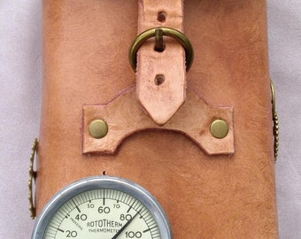 Handmade/crafted Tan Steampunk Gauge Leather Pouch, LARP,  Fantasy, etc