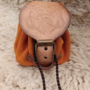 Handmade/crafted Orange Cerberus Leather Pouch, LARP