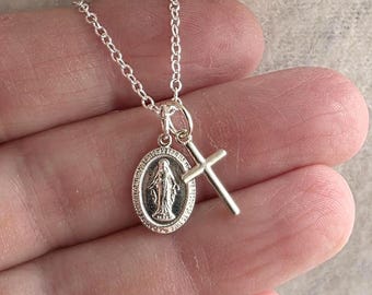Sterling Silver Virgin Mary Medal Necklace with Cross: Catholic Gift