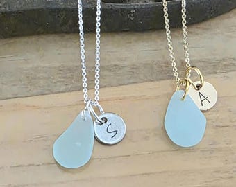 Genuine Sea Glass Initial Necklace, Personalized Monogram Necklace, 14k gold filled, or Sterling Silver