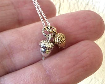 Sterling Silver and Bronze Acorn Necklace, Mixed Metal Charms, Woodland, Nature Jewelry