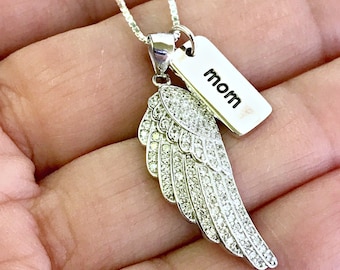 925 Sterling Silver, MoM Memorial Necklace, CZ, Angel Wing necklace, Loss of Mother, Pendant, Feather, Guardian Angel, Sympathy Jewelry