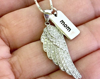 Sterling Silver Mom Memorial Necklace: CZ Angel Wing Pendant