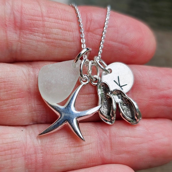 Sterling silver Starfish Necklace, Seafoam Sea glass and Flip Flop Charm, Personalized Sterling Initial Disc Charm, Beach jewelry