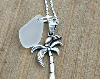 Sterling Silver Palm Tree Necklace with Genuine Sea Glass