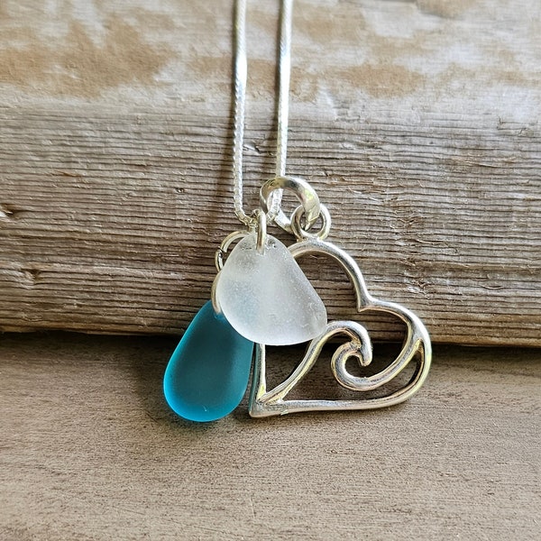 Sterling Silver Ocean Wave Necklace, Genuine Sea Glass, 925 Sterling Silver Beach Jewelry, Summer Jewelry, Sea Glass Jewelry