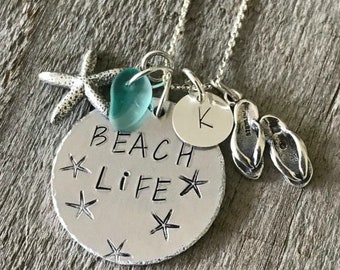 Sterling Silver Starfish Necklace with plated Beach Life, Flip Flop, Sea Glass, Mini Initial Charm, hand Stamped, Personalized Beach Jewelry