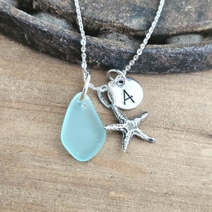 Sterling Silver Starfish Necklace, Sea Glass Charm, Personalized Initial Disc Charm, Beach Jewelry Gift