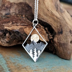 Mountain Necklace, 925 Sterling Silver, Mountain Trees Sunset Moon Outdoor Forest Nature Charm Pendant Jewelry Gift, Mother&#39;s Day Gift