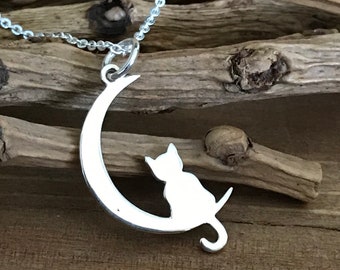 Sterling Silver Cat on Moon Necklace: Celestial Charm Pendant