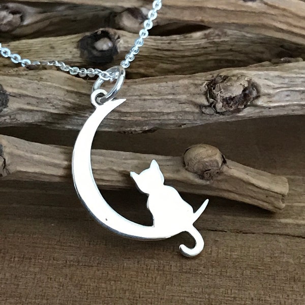 Cat on the Moon Necklace, Crescent Moon Necklace, Cat & Moon Necklace, .925 Sterling Silver, Crescent Moon Pendant, Cat Charm Necklace