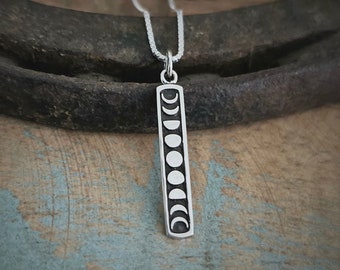 Moon Phase Necklace, 925 Sterling Silver, Vertical Moon Phases Charm, Crescent Moon, waning moon, Celestial, Moon Jewelry, Celestial Jewelry