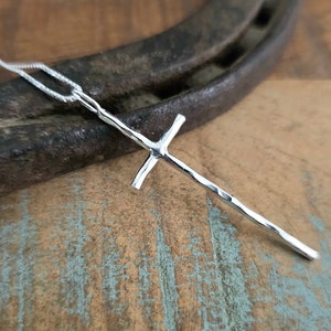 925 Sterling Silver Long Hammered Cross Necklace Pendant Chain Necklace, Silver Cross Necklace, Gift for Her Women&#39;s Ladies