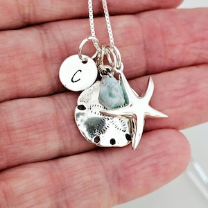 Sterling Silver Beach Necklace: Sand Dollar, Starfish, Larimar, Initial Charm