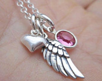 925 Sterling Silver tiny Guardian Angel Wing charm Necklace, Swarovski Birthstone with Heart charm Sympathy Loss Memory Women's Gift for Her