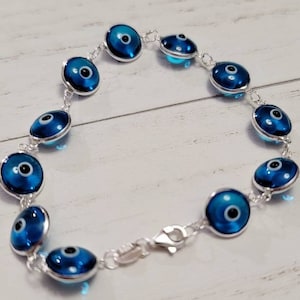 Evil Eye Bracelet, Sterling Silver Evil Eye Bracelet, Blue Evil Eye Link Bracelet, Evil Eye Lucky Protection Bracelet