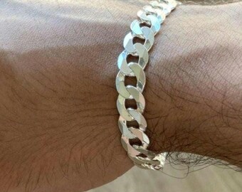 8" Solid Italian 925 Sterling Silver 12mm wide Curb Link Chain Bracelet, Men's Sterling Silver chunky heavy Curb Link Bracelet Silver Curb