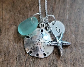 Sterling Silver Sand Dollar Necklace with Starfish Charm, Genuine Sea Glass and Mini Initial Charm, Personalized Ocean Beach Jewelry