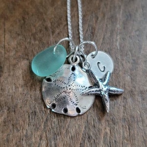 Sterling Silver Sand Dollar Necklace with Starfish Charm, Genuine Sea Glass and Mini Initial Charm, Personalized Ocean Beach Jewelry