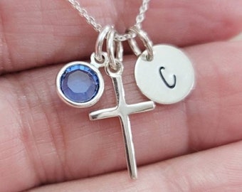 Cross Charm Necklace, Sterling Silver Cross, Personalized Initial Disk charm, Swarovski Birthstone Dangle Charm