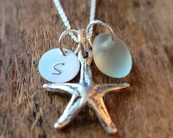 Sterling Silver Starfish Necklace, Genuine Sea Glass and Mini Initial Charm, Personalized Ocean Beach Jewelry