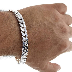 8.5&quot;  Solid Italian 925 Sterling Silver 9mm wide Curb Link Chain Bracelet Men&#39;s Sterling Silver chunky Curb Link Bracelet Silver Curb