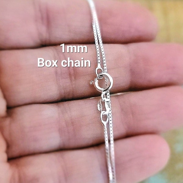 Serling Silver Box Chain Necklace, 1mm wide Silver Chain, Completed Box Chain, Necklace for women, Necklace for her, Everyday Chain