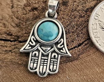 Hamsa Turquoise Pendant, Sterling Silver Judaica Evil Eye Charm Necklace