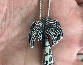 Palm Tree Cremation Urn Pendant, Stainless Steel with Sterling Silver Box Chain Beach Memorial Charm Memorial for Beach and Vacation Lover