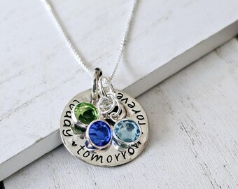 Family Birthstones Necklace, Sterling Silver Today, Tomorrow, Forever Personalized Birthstone Necklace, Mom Gift