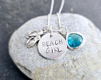Beach Girl, Sterling Silver Flip Flop Charm Necklace with Turquoise Blue Bezel Glass Charm, Beach Necklace, Summer Jewelry