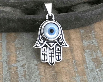 Hamsa Evil Eye Pendant, Sterling Silver Judaica Evil Eye Charm Necklace